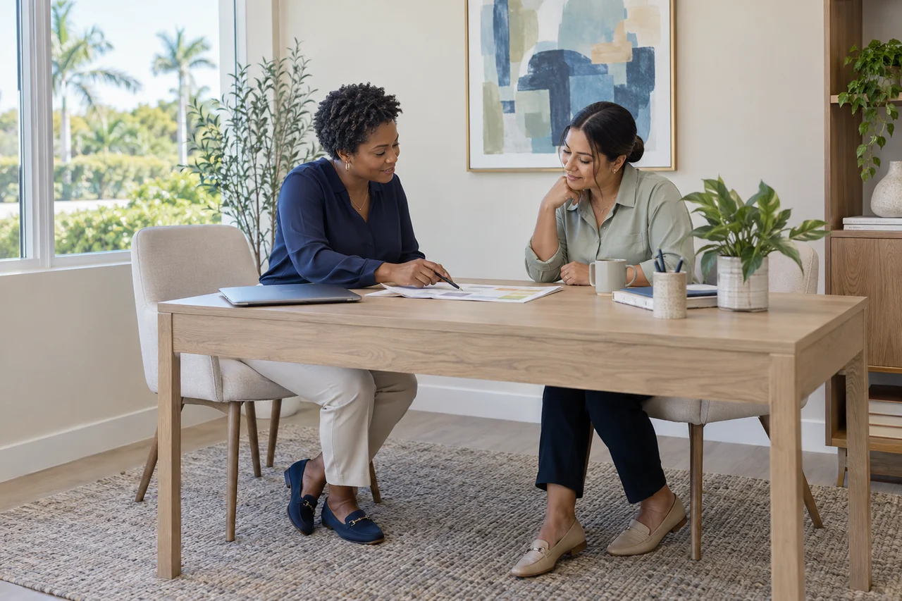 Two care professionals planning together at a bright office table.
