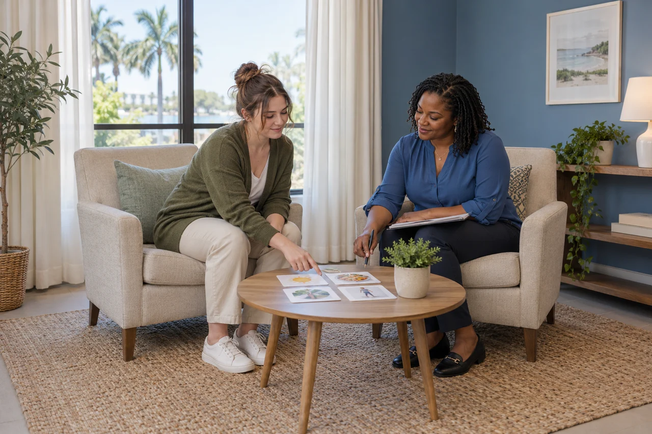 An adult woman and a professional discuss a simple activity plan in a quiet room.