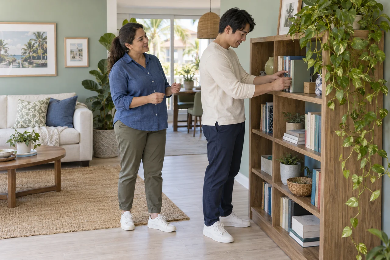 An adult man and a support worker organize books and personal items together at home.