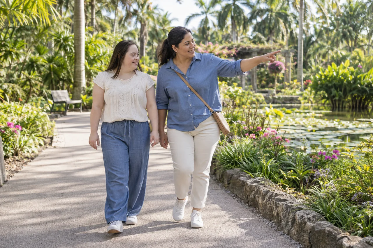 An adult woman and her companion walking together in a park.