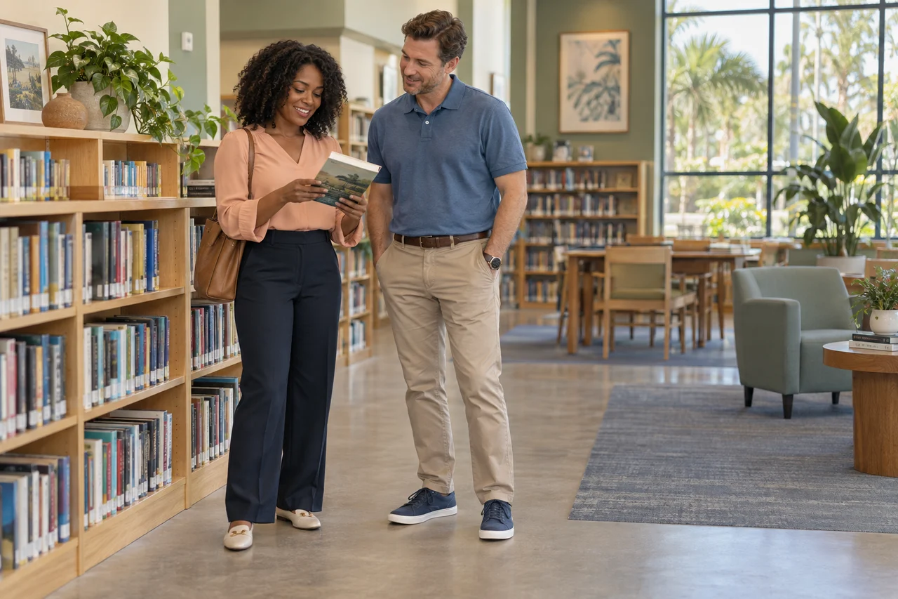 An adult woman and her companion choose a book at a community library.