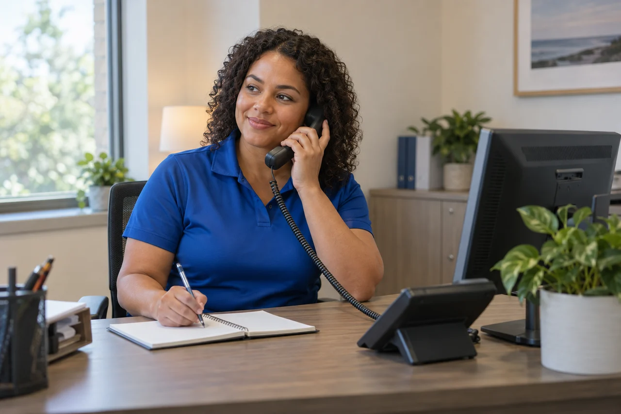 A care office professional in a blue polo answers a telephone at a bright reception desk.