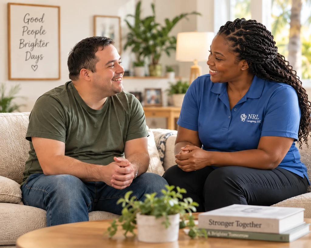 An adult and a caregiver in a blue NRL polo sharing a conversation on a sofa at home. Illustrative photograph.