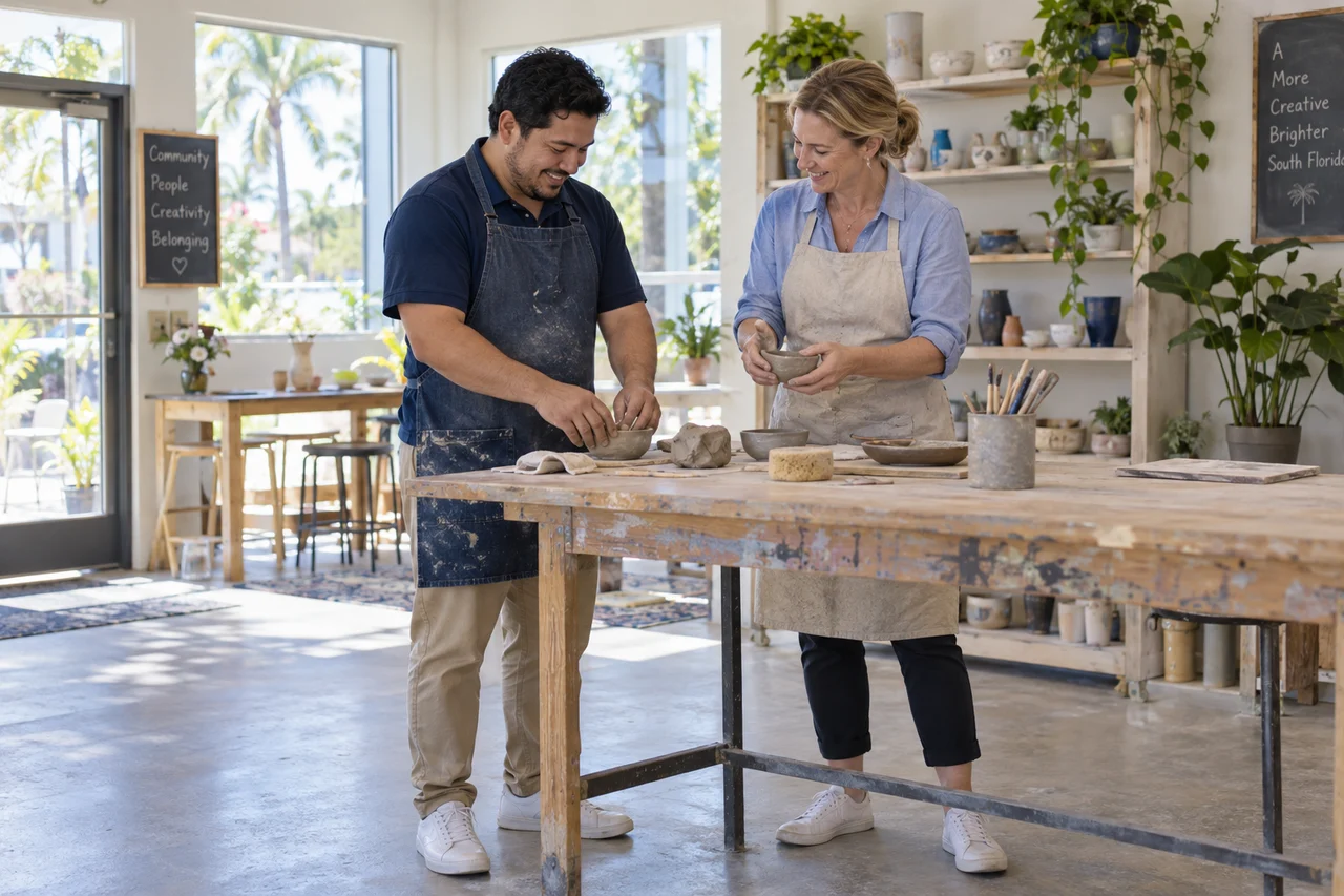 An adult and a support worker shaping clay together at a community art workshop.