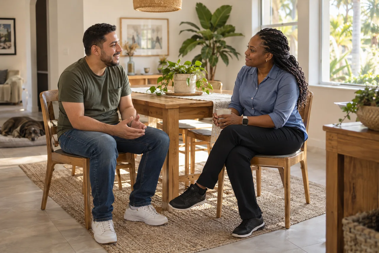 An adult and a caregiver sharing a relaxed moment at home.