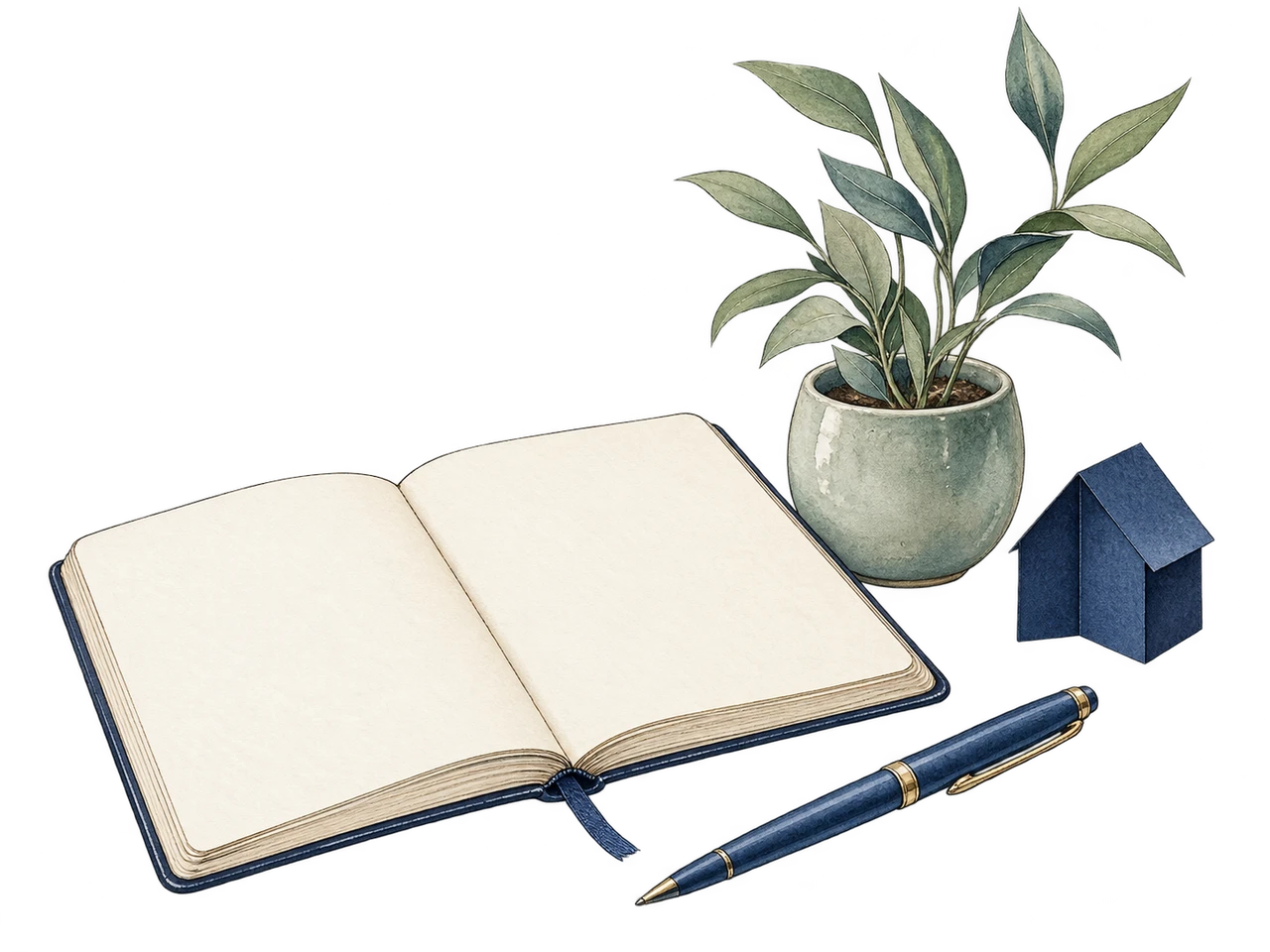 Illustration of an open notebook, pen and leafy plant for planning the next step.