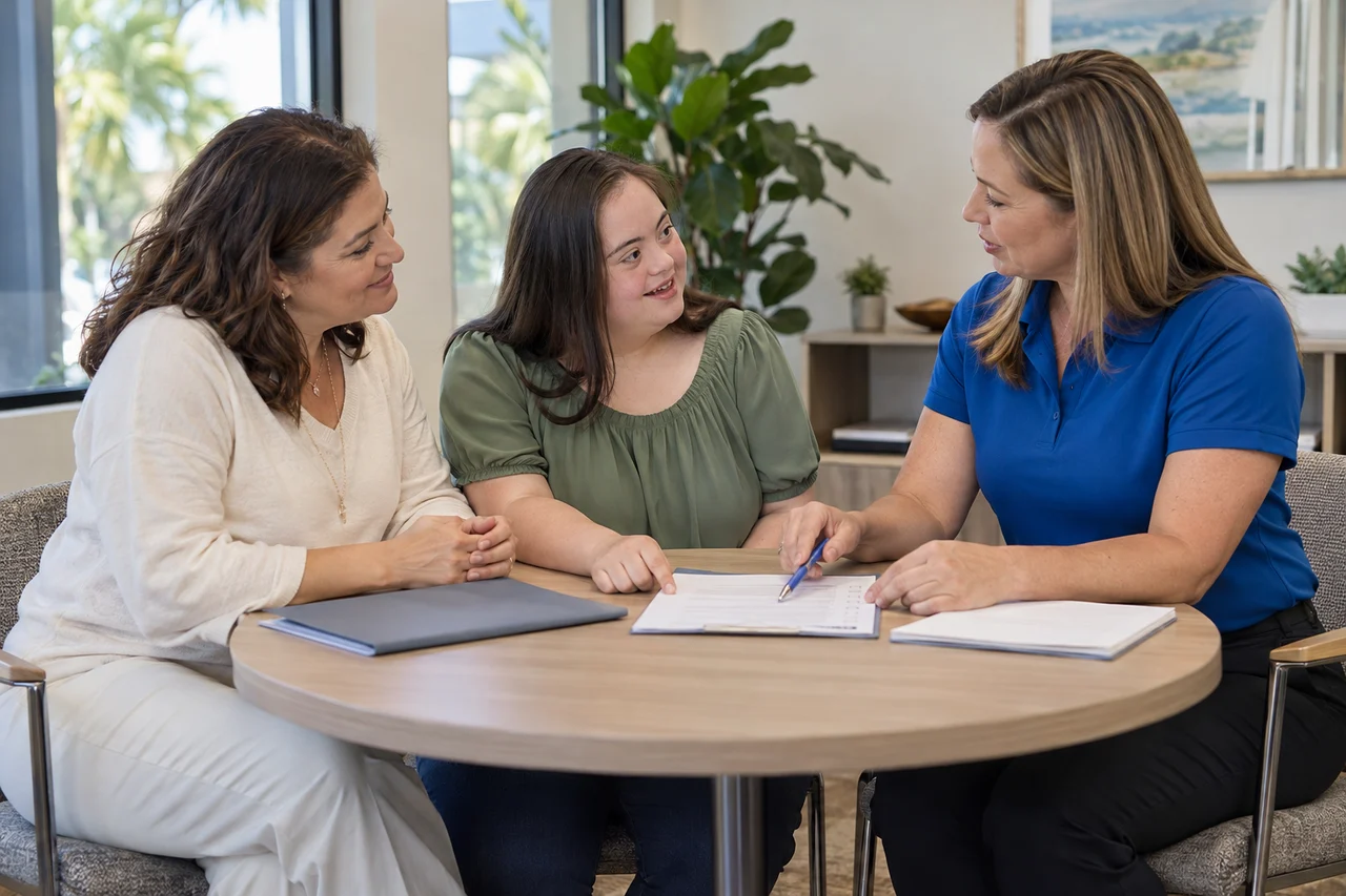 A care professional guides an adult and a family member through a document checklist at a table.