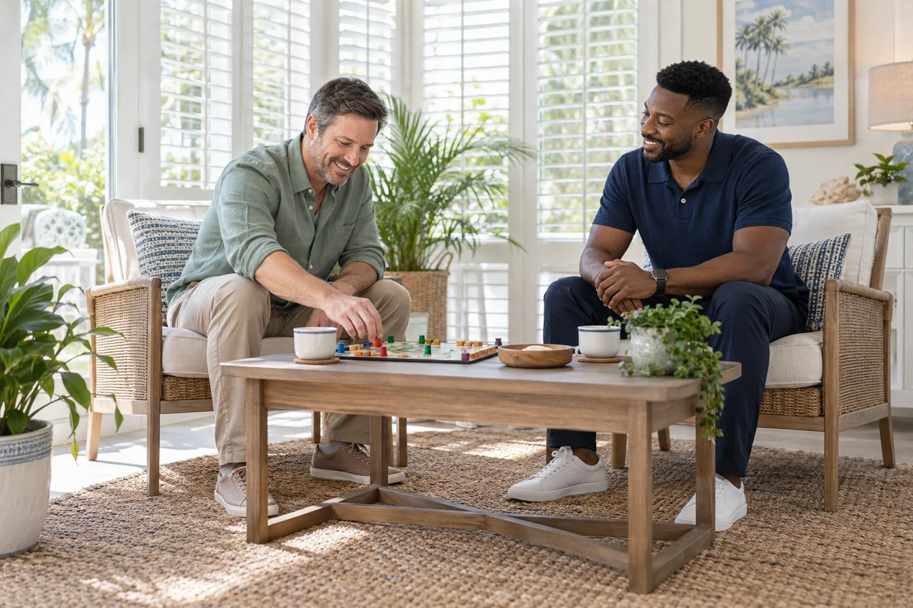An adult and a caregiver enjoy a board game in a relaxed home setting.