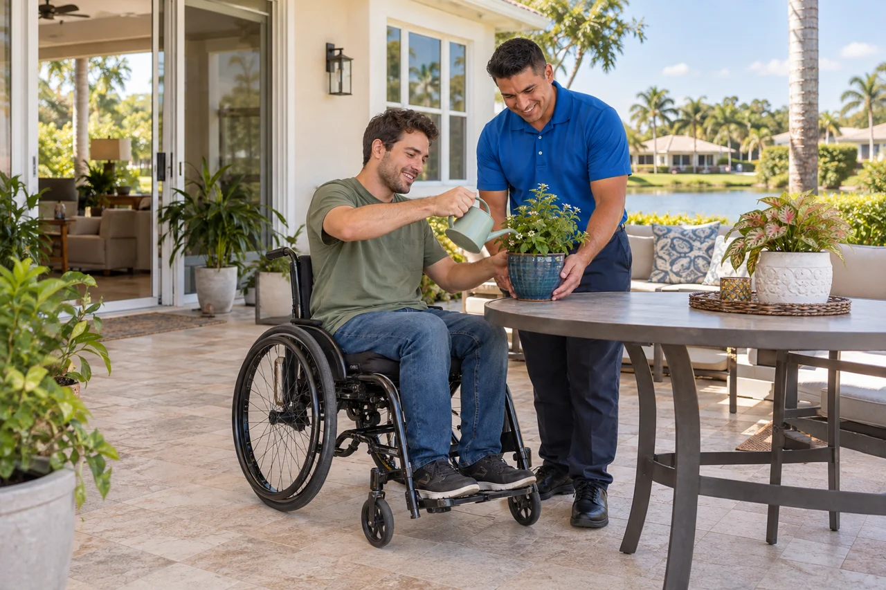 A caregiver in a blue polo supports an adult wheelchair user while they tend a plant together at home.